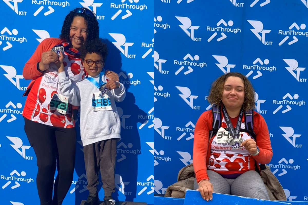 Mum brother and grandmother wearing charity running gear holding event medals