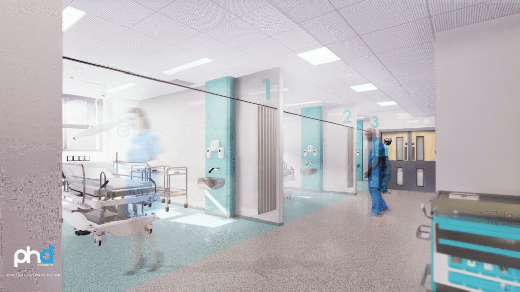 CGI of modern and open resus rooms with clinicians treating patients