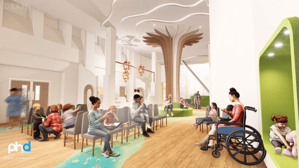 CGI of a bright and colourful waiting room with nature artwork