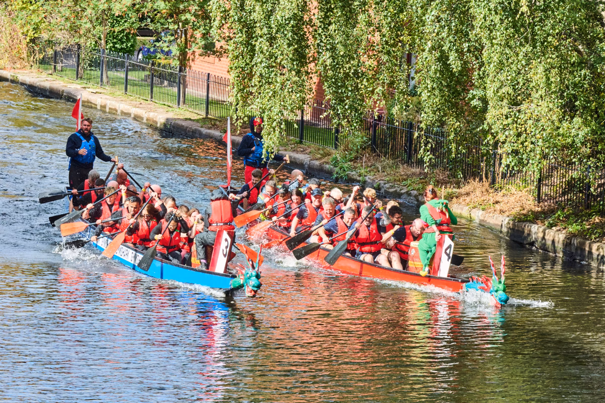 Two dragon boats on canal with teams rowing