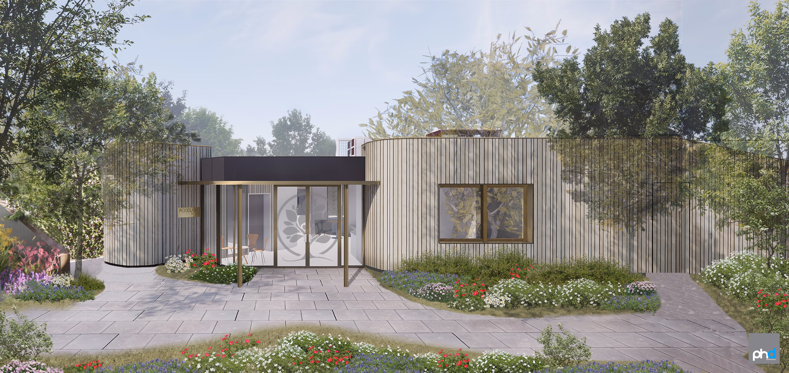 CGI of Woodland House, a wooden fronted building with landscaped gardens