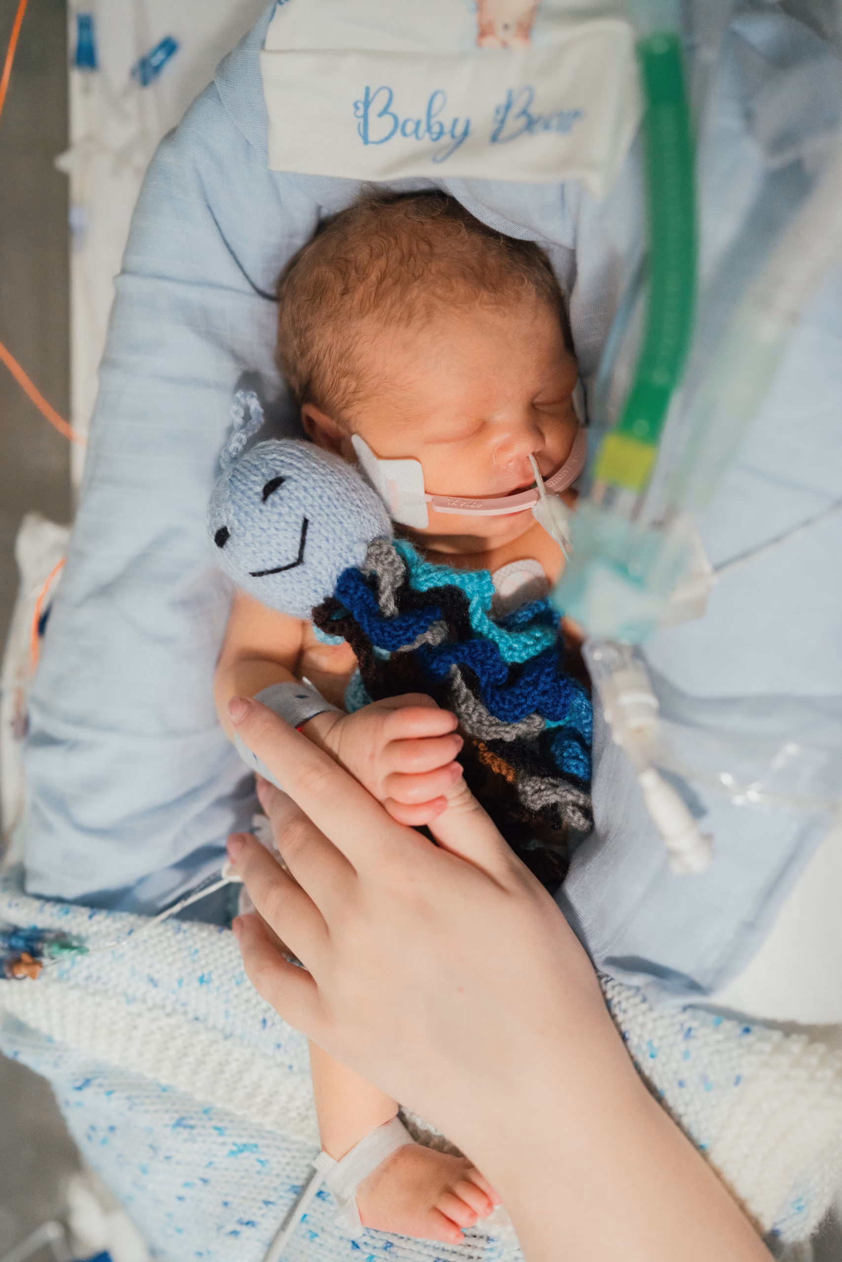 Baby with knitted toy