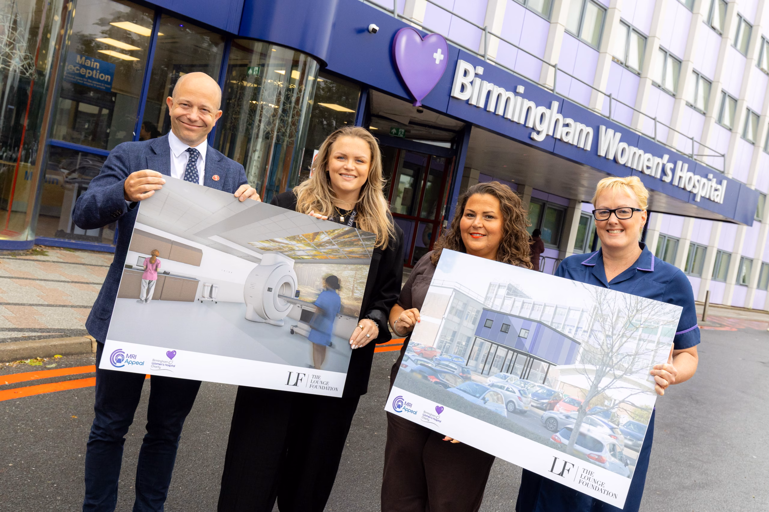 (L to R) Matt Boazman, Alannah Topham, Helen Miles and Louisa Davidson outside front entrance of Birmingham Women's Hospital
